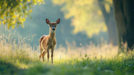 A young red deer standing cautiously in the grass, its ears alert as it listens to the sounds of nature in the peaceful countryside.の素材