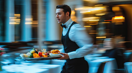 A waiter sprinting through an elegant restaurant, his uniform sharp, as he balances a tray with a variety of colorful dishes for eager guests.の素材