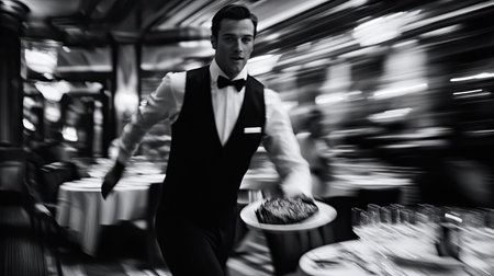 A waiter in a classic black-and-white uniform rushing to a table with a mouthwatering steak dinner, set against the backdrop of an upscale dining room.の素材