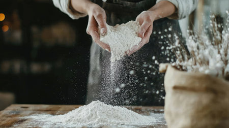 A close-up of a female hand gently pouring white flour from a rustic bag onto a wooden table, resembling fresh snow falling softly.の素材
