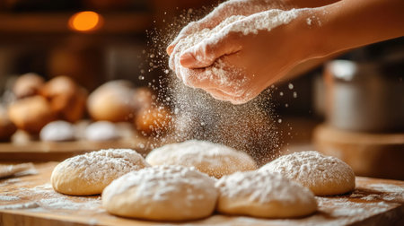 A close-up of a female hand lightly dusting flour over dough, the fine particles resembling delicate snowflakes in a rustic baking setting.の素材