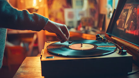 A person carefully adjusting the needle on a spinning vinyl record, with a classic gramophone sitting on a polished wooden table.の素材