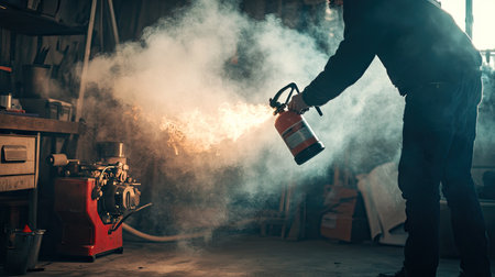 A person in a home garage pulling a fire extinguisher off the wall as smoke begins to rise from a nearby engine.の素材