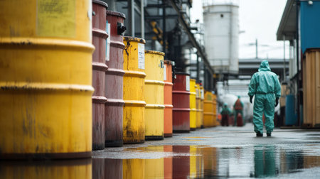 A row of hazardous waste containers lined up outside an industrial facility, with workers in hazmat suits inspecting them for leaks and damage.の素材