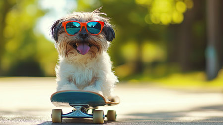 A playful Shih Tzu in bright sunglasses, riding on a skateboard, showcasing its adventurous spirit and happy-go-lucky attitude in a park.の素材