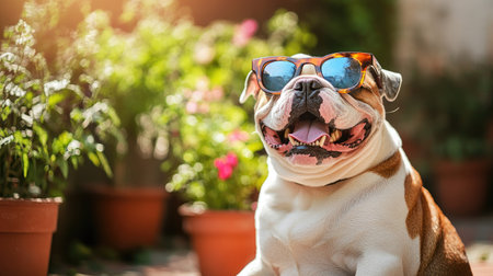 A smiling bulldog with funky sunglasses on a sunny patio, surrounded by potted plants, showcasing a relaxed vibe and summer spirit.の素材