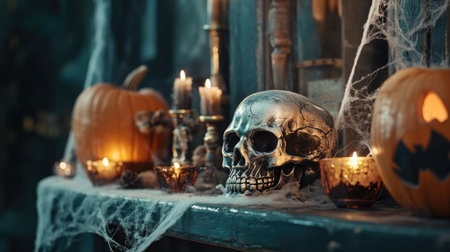 A shelf decorated for Halloween with miniature pumpkins, spooky candles, and a skull centerpiece with cobwebs draped around.の素材