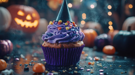 A witch-themed Halloween cupcake muffin with purple frosting, a tiny candy hat, and spooky decorations in the background.の素材