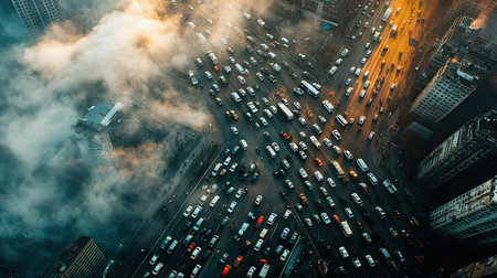 An aerial view of a dense urban city covered in thick smog, with cars stuck in traffic below, illustrating the impact of transportation on air quality.の素材
