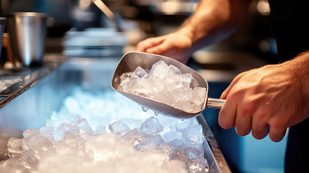 A hand scooping ice cubes from an ice machine with a metal scoop, background showing a well-lit restaurant counter.の素材
