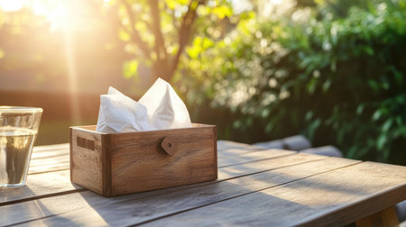 Artisan wooden napkin box with tissues on a picnic table in an outdoor, sunny setting.の素材