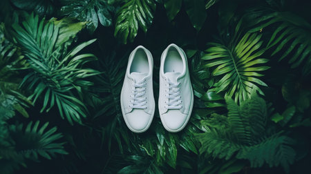 Minimalist white leather sneakers placed against a backdrop of lush green plants, creating a contrast between nature and modern design.の素材