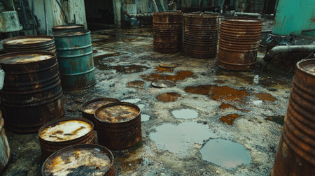 An industrial storage area filled with rusting barrels of hazardous waste, some leaking and creating puddles of toxic liquid on the ground.の素材