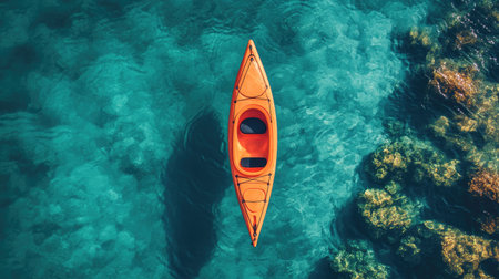Aerial view of a single kayak floating on crystal-clear turquoise sea waters, casting a gentle shadow on the ocean floor.の素材
