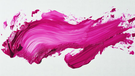 Bright pink lip gloss swatch smeared artistically, with bold brushstrokes on a clean white background.の素材