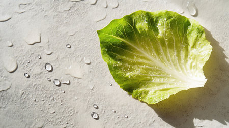 A single large lettuce leaf placed flat on a smooth, light-colored surface, with droplets of water adding a fresh touch.の素材
