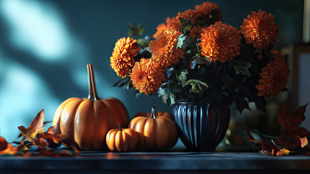 Autumnal centerpiece with pumpkins and chrysanthemums on a sleek table, framed by blue shadowy light.の素材