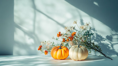 A pair of small pumpkins with a bouquet of fresh flowers on a white table, highlighted by subtle blue shadows.の素材