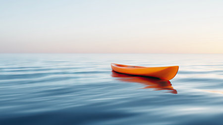 A kayak resting in the middle of a still, glassy ocean, with gentle waves creating minimal movement.の素材