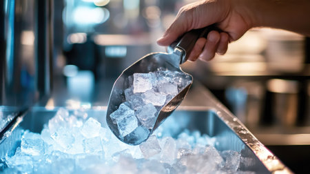 A hand scooping ice cubes from an ice machine with a metal scoop, background showing a well-lit restaurant counter.の素材