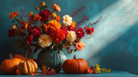 Arrangement of vibrant autumn flowers in a vase, surrounded by pumpkins on a table with a blue-tinted shadow backdrop.の素材