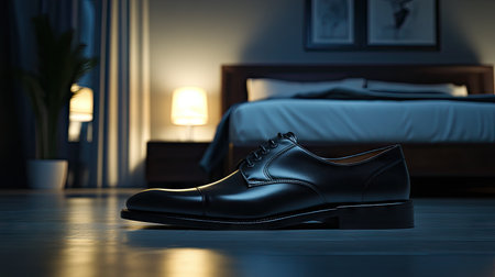 Black leather formal shoes shining under soft ambient lighting, placed on a luxury bedroom floor.の素材