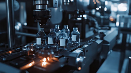 Automated labeling machine applying stickers to water bottles as they move along a fast conveyor system.の素材
