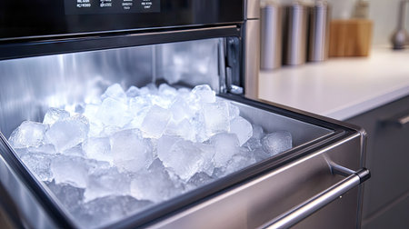 An automatic ice maker producing and ejecting fresh ice cubes into a built-in storage bin in a busy kitchen.の素材