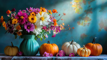 Bouquet of colorful flowers next to stacked pumpkins on a table, with moody blue shadows in the background.の素材