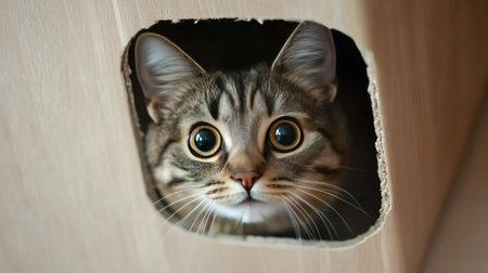 Cat exploring a litter box with a top entry, peeking curiously from the hole.の素材