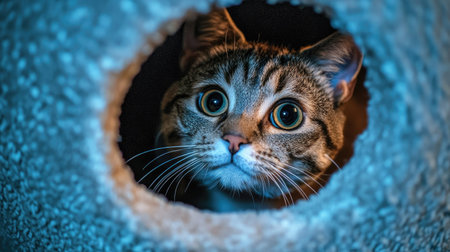 Cat exploring a litter box with a top entry, peeking curiously from the hole.の素材