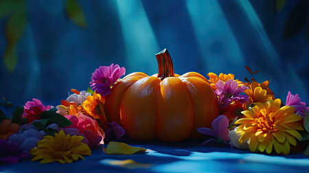 Close-up of a decorative pumpkin surrounded by a wreath of fresh flowers on a table, set against a blue shadowed background.の素材
