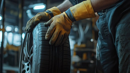Close-up of mechanic's hands wearing gloves and holding a new car tire, background blurred to show a professional workshop.の素材