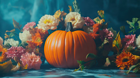 Close-up of a decorative pumpkin surrounded by a wreath of fresh flowers on a table, set against a blue shadowed background.の素材