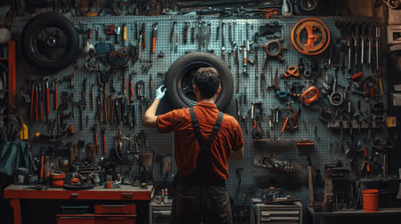 Close-up of a mechanic holding a car tire, standing in front of a well-organized wall of tools in a repair workshop.の素材