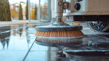Close-up of a polishing machine's rotating brushes cleaning the exterior flooring of a commercial property.の素材