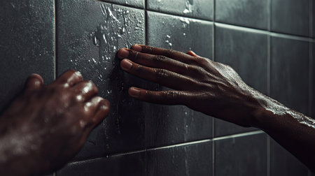 Close-up of a tiler's hands pressing a rectangular tile into adhesive on a shower wall, ensuring a secure bond.の素材