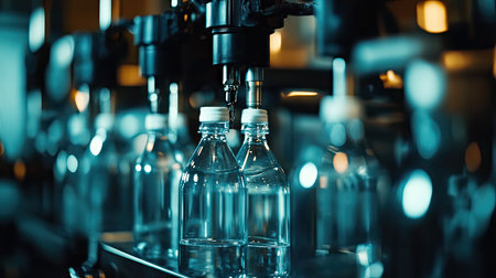 Close-up of nozzles filling water bottles with precision in a state-of-the-art bottling factory.の素材