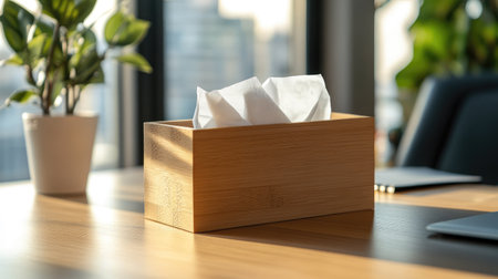 Close-up of a rectangular wooden tissue box with soft napkins, set on a modern office desk.の素材