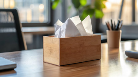 Close-up of a rectangular wooden tissue box with soft napkins, set on a modern office desk.の素材