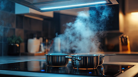 Close-up of digital touch controls on an electric hood exhaust above a stove with boiling pots in a family kitchen.の素材