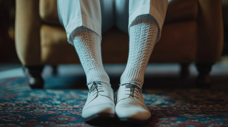Close-up of white socks with textured patterns, showcased as a man crosses his legs in a formal setting.の素材