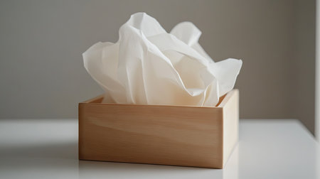 Close-up of white tissue paper emerging from a wooden box, placed on a clean, minimalist table surface.の素材