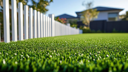 Close-up of white picket fence posts standing neatly above green synthetic turf in a suburban yard.の素材