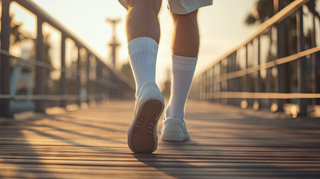 Close-up of white socks worn with tailored shorts, as a man walks across a sunlit boardwalk.の素材