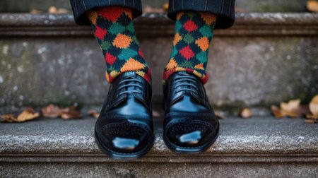 Close-up of black leather shoes paired with argyle socks, emphasizing a formal and stylish look.の素材