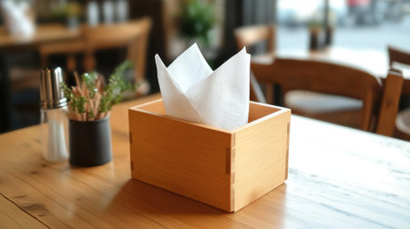 Close-up of tissue paper neatly placed in a wooden napkin box on a clean dining table with minimalistic decor.の素材