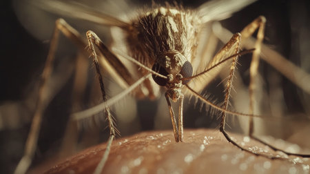 Detailed shot of a striped mosquito biting human skin, showcasing its proboscis and thin legs against a blurred background.の素材