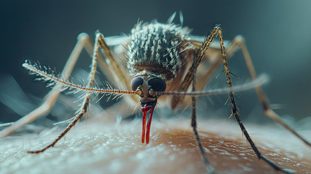 Detailed view of a mosquito with visible blood in its abdomen after feeding on human skin.の素材