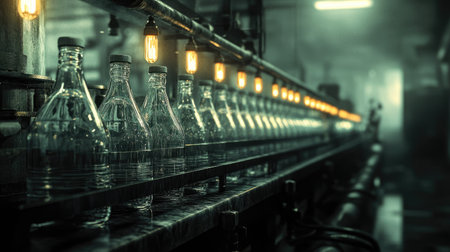 Empty bottles entering the filling station on a streamlined water bottling line with bright lighting.の素材